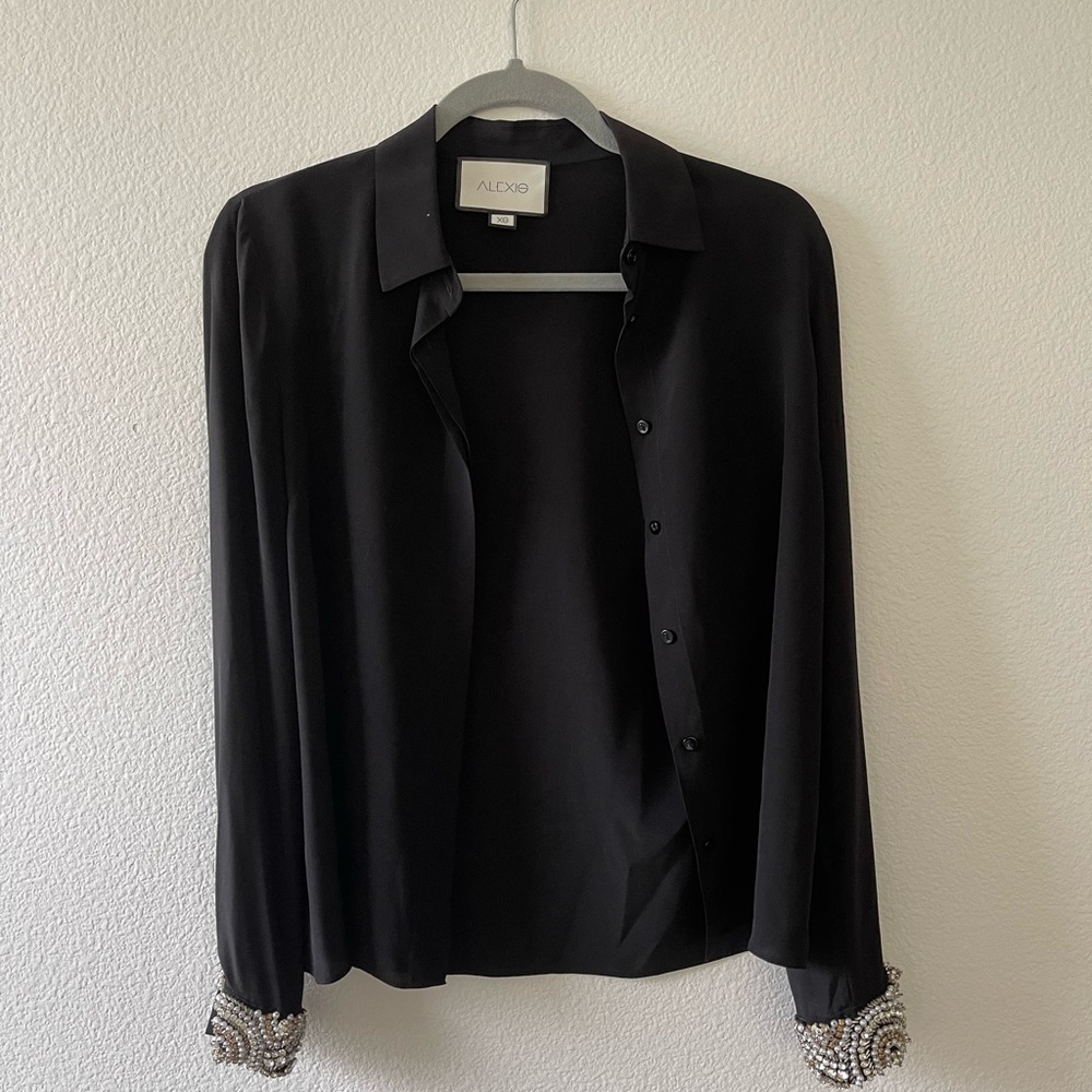 Alexis Black Button-Up Shirt with Embellished Cuffs